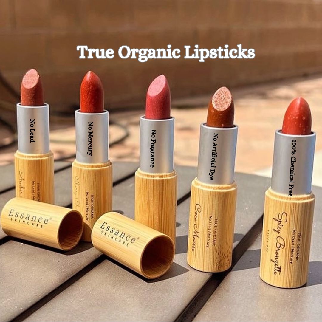 True organic lipsticks made with pure organic plant based ingredients that are free of artificial flavor, fragrance, color, preservative, & petroleum.