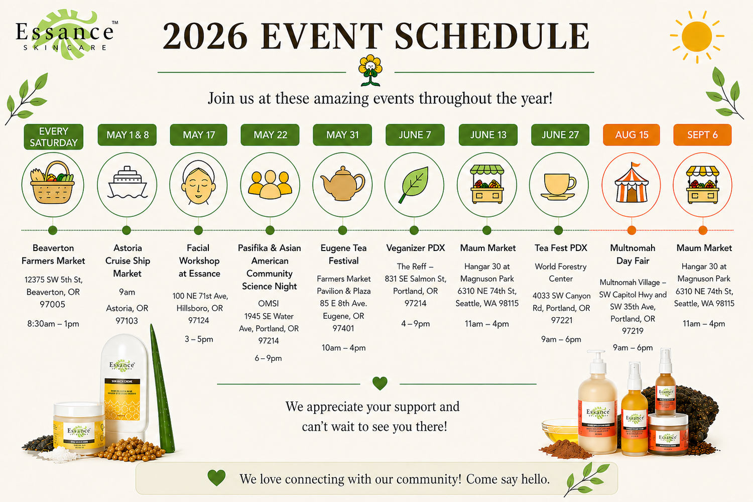 2026 Summer Event Schedule: Find Essance at Markets & Events