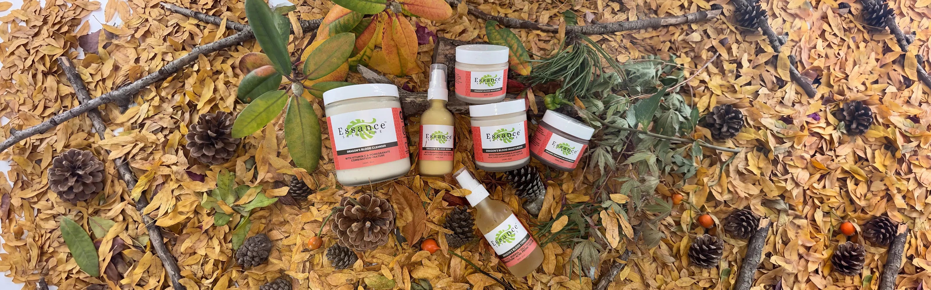 Essance Skincare botanical rituals — Dragon's Blood, Revitalizing, Multi-Fruit, Clarifying